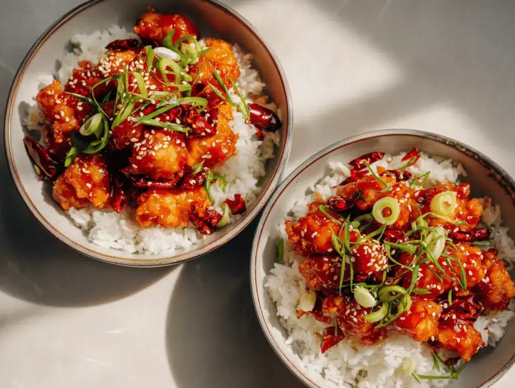 crispy sweet chili chicken bowls - featured image