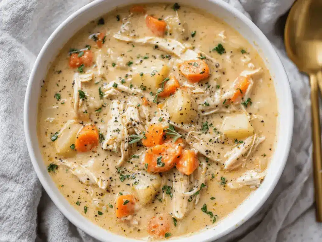 healthy chicken pot pie soup - featured image